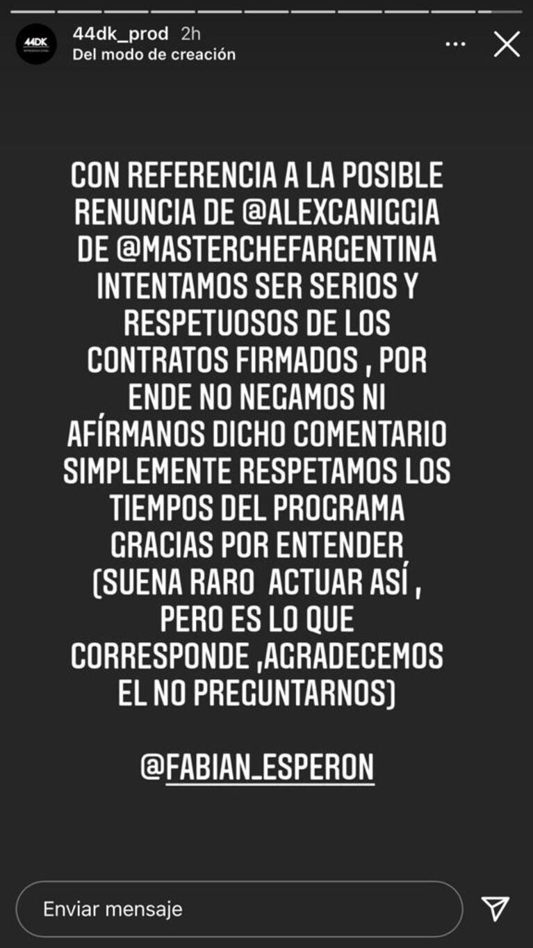 El comunicado oficial de Alexander Caniggia tras su renuncia a MasterChef: "No negamos ni afirmamos dicho comentario"