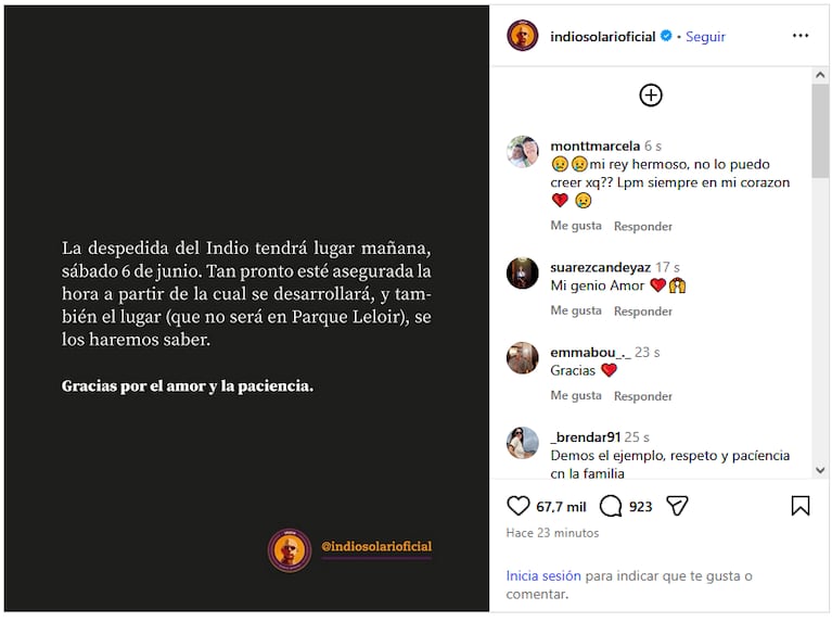 El comunicado oficial de la familia del Indio Solari sobre su funeral.