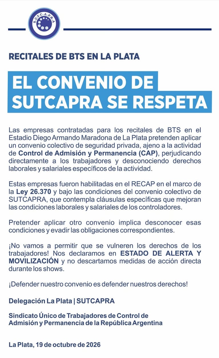 El comunicado oficial de Sutcapra