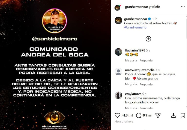 El comunicado sobre la salida de Andrea del Boca de la casa de Gran Hermano (Foto: captura de Instagram/@granhermanoar).