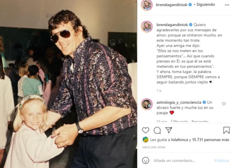 El conmovedor mensaje de Brenda Gandini tras la muerte de su papá: "Siempre vamos a seguir bailando juntos, viejito"