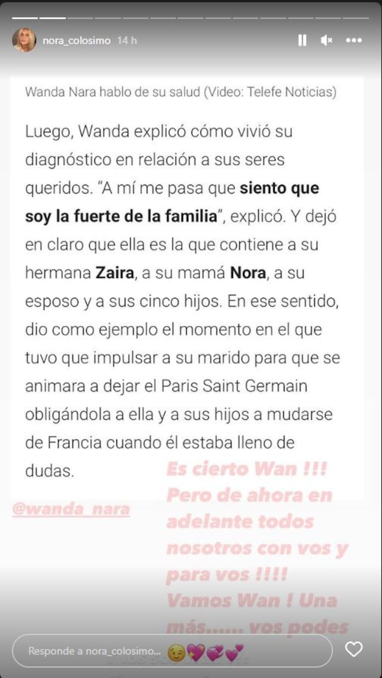 El conmovedor mensaje de Nora Colosimo a Wanda Nara en medio de la preocupación por la salud de su hija