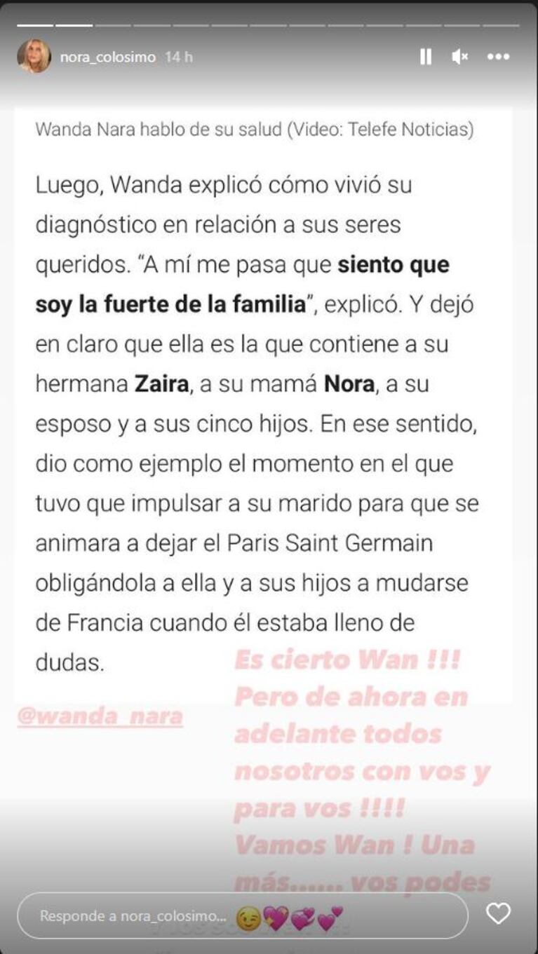 El conmovedor mensaje de Nora Colosimo a Wanda Nara en medio de la preocupación por la salud de su hija