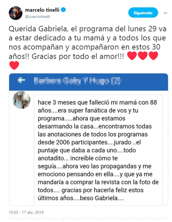 El conmovedor mensaje de una seguidora que emocionó a Marcelo Tinelli en Twitter: "Gracias por todo el amor"