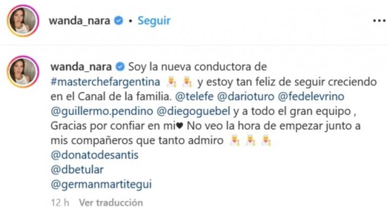 El conmovedor mensaje de Wanda Nara para compartir su conducción de MasterChef en redes