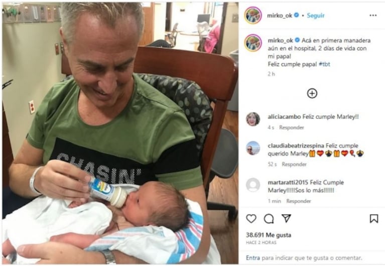 El conmovedor posteo de Mirko a Marley en su cumpleaños, con una foto retro: "Mi primera mamadera"