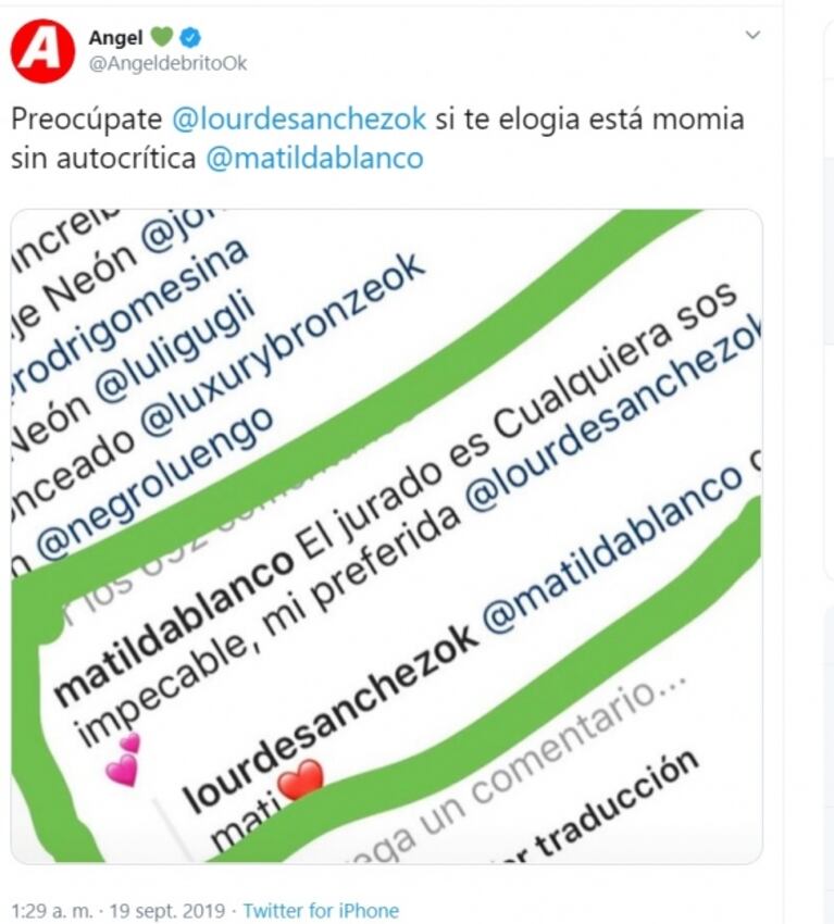 El consejo de De Brito a Lourdes Sánchez... ¡con tremendo palito a Matilda Blanco!: "Preocupate si te elogia esta momia sin autocrítica"