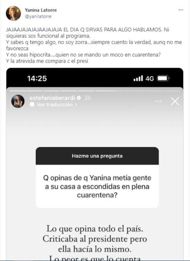 El contraataque de Yanina Latorre después de que Estefi Berardi la criticó por un asado durante la cuarentena