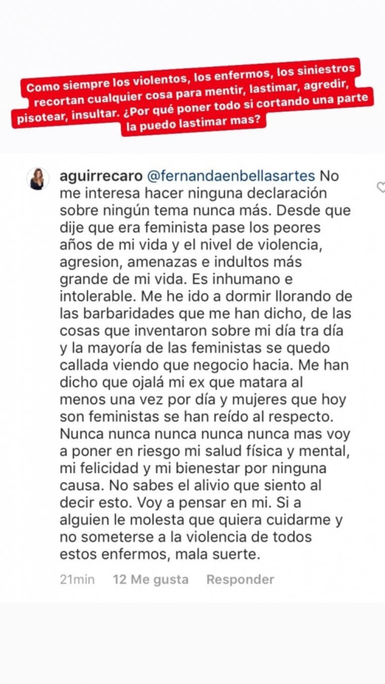 El controversial mensaje de Carolina Aguirre tras cruzar públicamente a Jimena Barón: "Yo no necesito el feminismo"