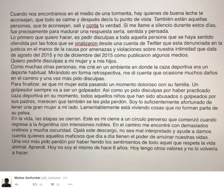 El contundente descargo de Garfunkel tras las fotos matando animales