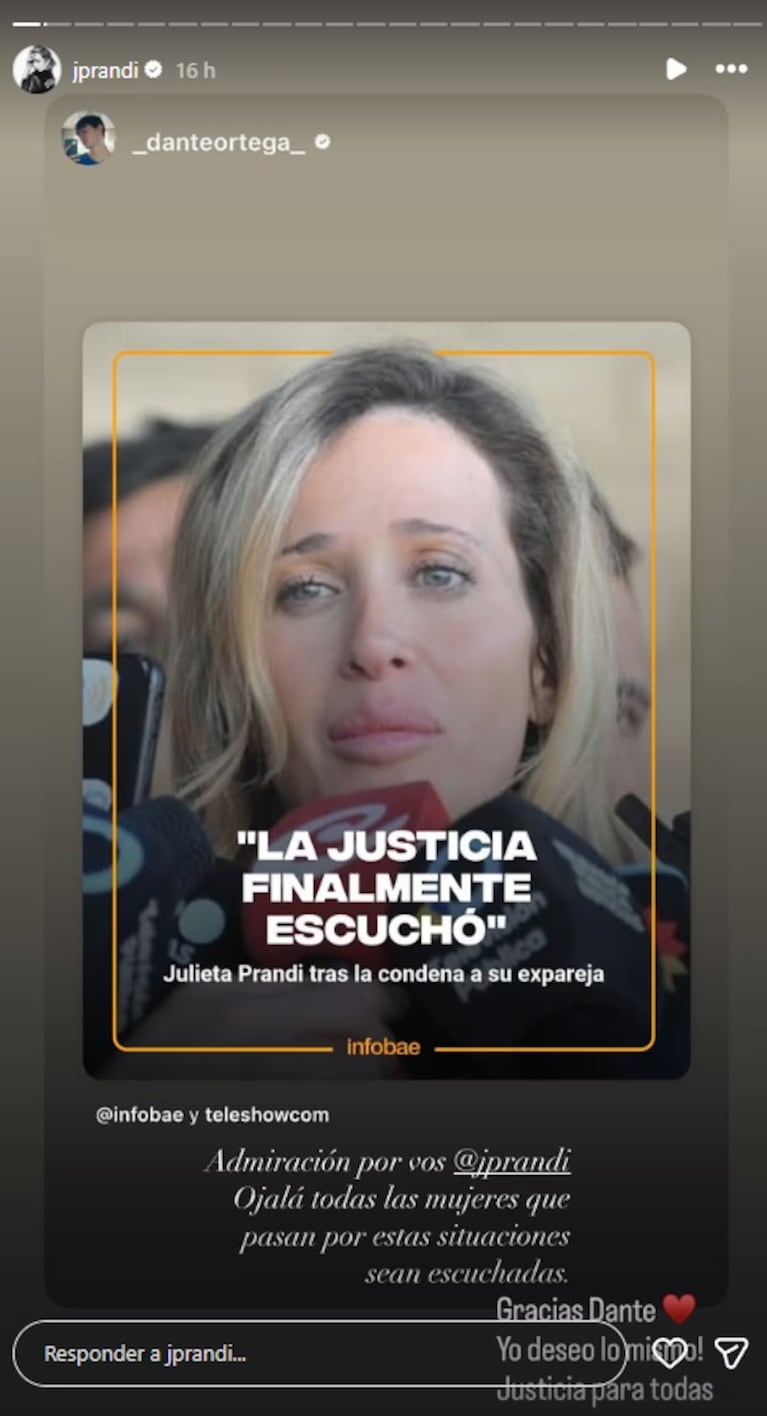 El contundente mensaje de Dante Ortega a Julieta Prandi tras la condena a Claudio Contardi: “Ojalá que...”