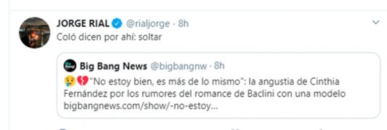 El contundente mensaje de Jorge Rial sobre la angustia de Cinthia Fernández por Martín Baclini: "Soltar"