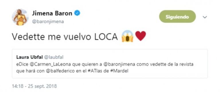 El coqueteo twittero de Fede Bal con Jimena Barón tras rumorearse que harán temporada juntos: "Me vuelvo loco"