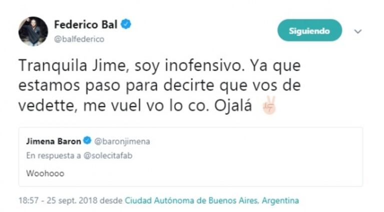 El coqueteo twittero de Fede Bal con Jimena Barón tras rumorearse que harán temporada juntos: "Me vuelvo loco"