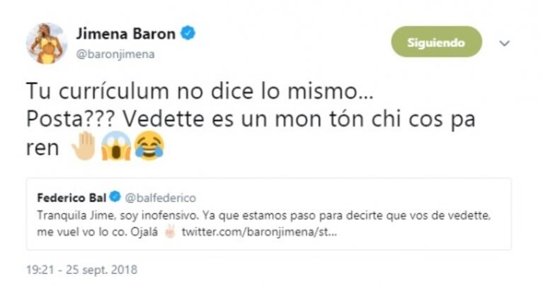 El coqueteo twittero de Fede Bal con Jimena Barón tras rumorearse que harán temporada juntos: "Me vuelvo loco"