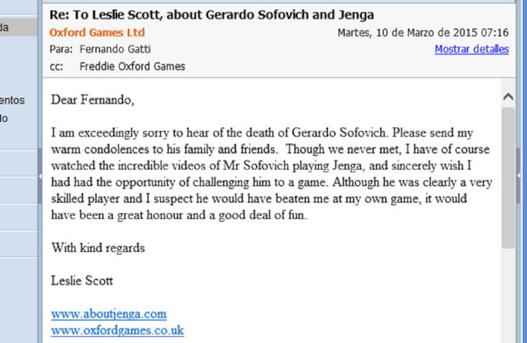 El correo electrónico de Leslie Scott en el que conmemora a Gerardo Sofovich. (Foto: captura de pantalla)