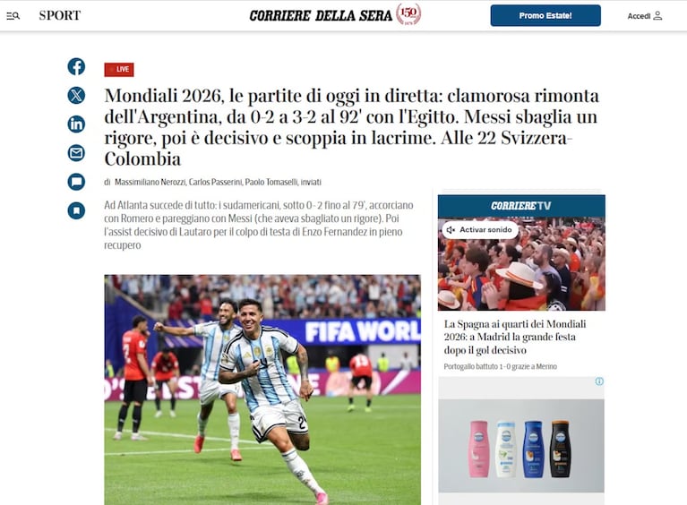 El Corriere della Sera relató la "clamorosa rimonta" argentina, con la definición de Enzo Fernández en pleno descuento.
Fuente: Captura Corriere della Sera
