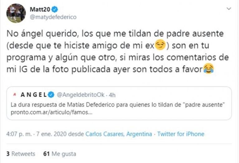 El cruce de Ángel de Brito con Matías Defederico por los cuestionamientos como padre: "No te hagas el picante"