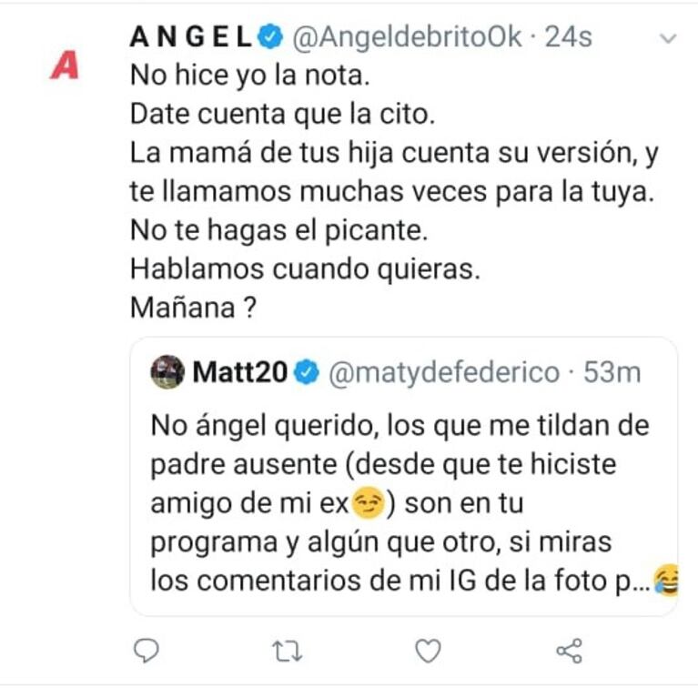 El cruce de Ángel de Brito con Matías Defederico por los cuestionamientos como padre: "No te hagas el picante"