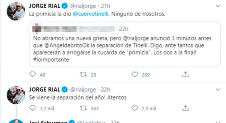 El cruce de chicanas de Jorge Rial y Ángel de Brito por la noticia de la separación de Tinelli: "Les doy unos días de ventaja"