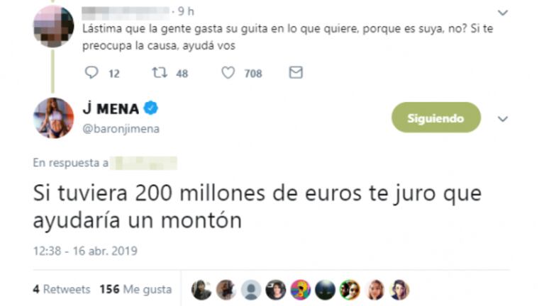 El cruce de Jimena Barón con twitteros que le criticaron una reflexión sobre el incendio en Notre Dame: "Alquilo, papi"