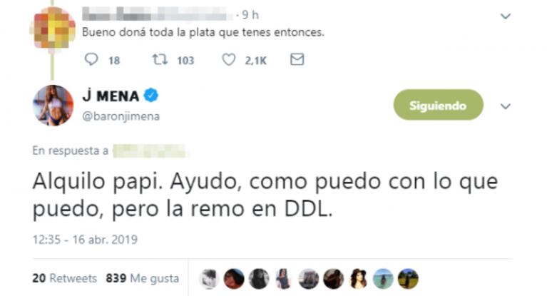 El cruce de Jimena Barón con twitteros que le criticaron una reflexión sobre el incendio en Notre Dame: "Alquilo, papi"