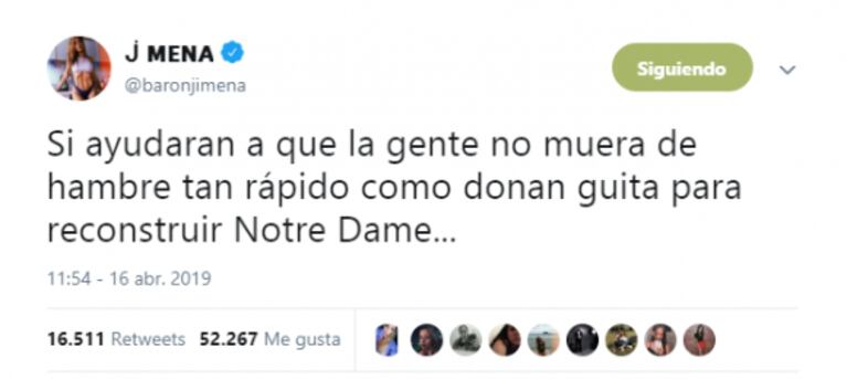 El cruce de Jimena Barón con twitteros que le criticaron una reflexión sobre el incendio en Notre Dame: "Alquilo, papi"