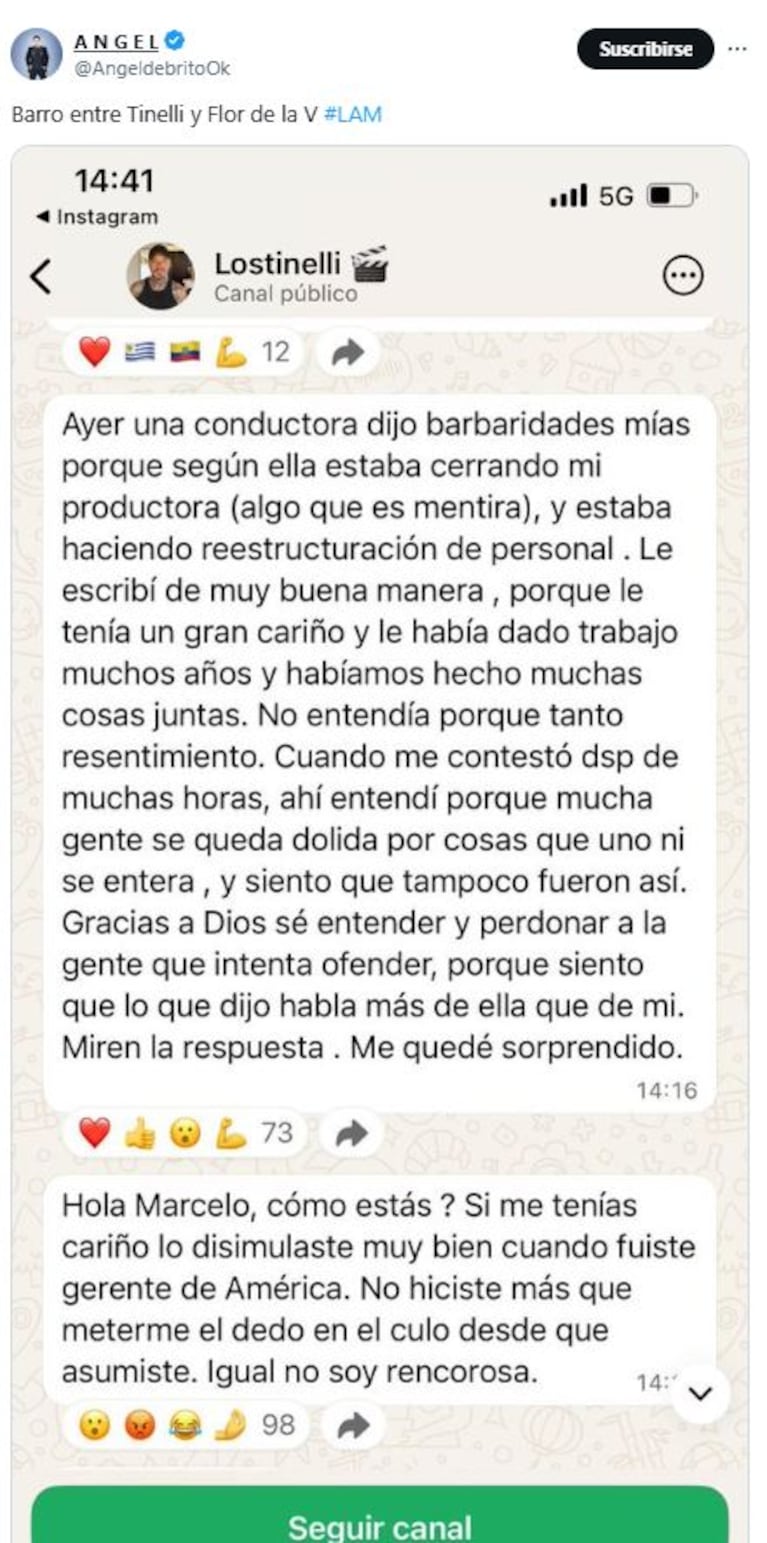 El cruce de Marcelo Tinelli contra Flor de la Ve. (Foto: X @AngeldebritoOk)