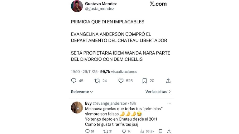 El cruce en X entre Gustavo Méndez y Eva Anderson.