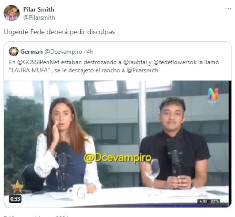 El cruce twittero entre Pilar Smith y uno de sus panelistas por Laura Ubfal (Foto: Twitter)