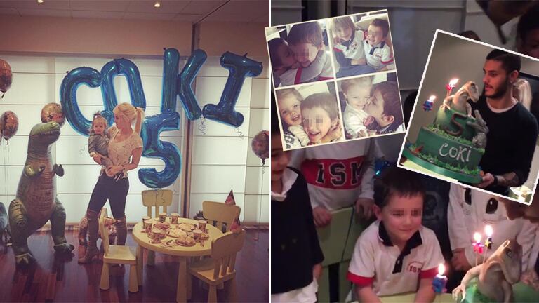 El cumple de Coki, el hijo de Wanda, con decoración de dinosaurios. Fotos: Instagram.