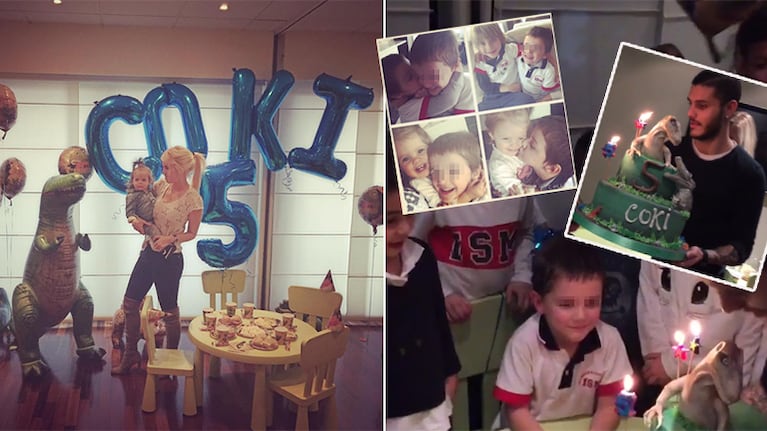 El cumple de Coki, el hijo de Wanda, con decoración de dinosaurios. Fotos: Instagram.