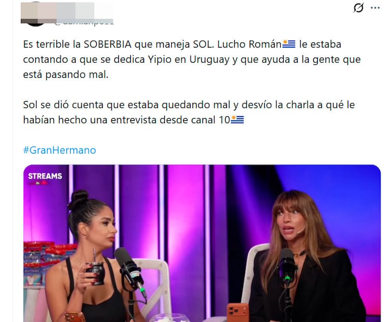 El dato de Yipio tras dejar Gran Hermano y la crítica de Solange Abraham que desató bronca (captura de X)