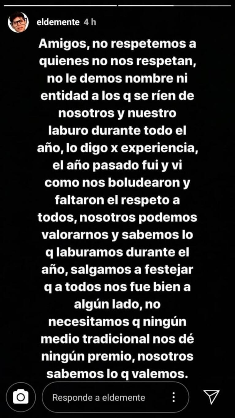 El Demente cuestionó las ternas del Martín Fierro Digital 2019: "No respetemos a quienes no nos respetan"