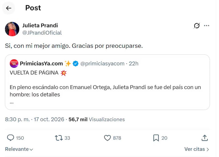 El descarg de Julieta Prandi (Foto: X.com / @jprandioficial)
