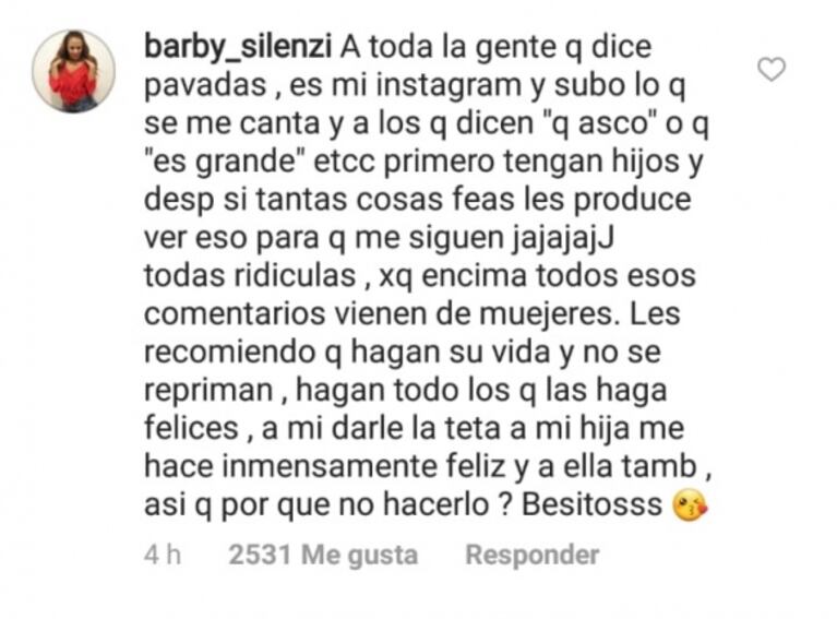 El descargo de Barby Silenzi tras las críticas a una foto amamantando a Elena: "Recomiendo que hagan su vida"