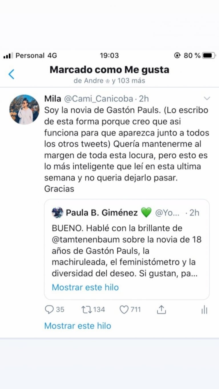 El descargo de Camila Canicoba Jaimes, la novia de Gastón Pauls, tras las críticas por los 29 años de diferencia