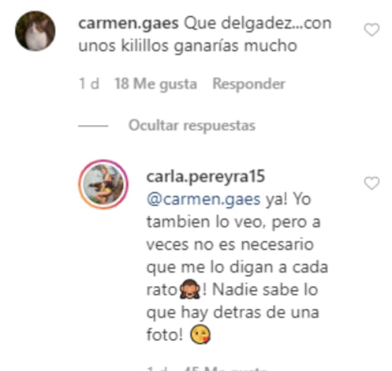 El descargo de Carla Pereyra, tras ser criticada por su delgadez: "No es necesario que me lo digan a cada rato"