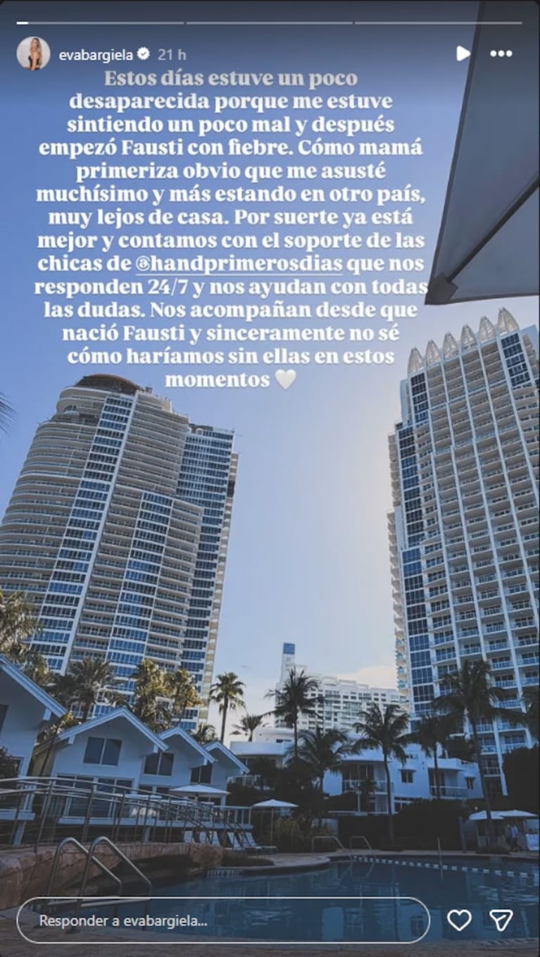 El descargo de Eva Bargiela en sus redes, donde contó el susto que vivió con la salud de Faustino. Fuente: Instagram @evabargiela
