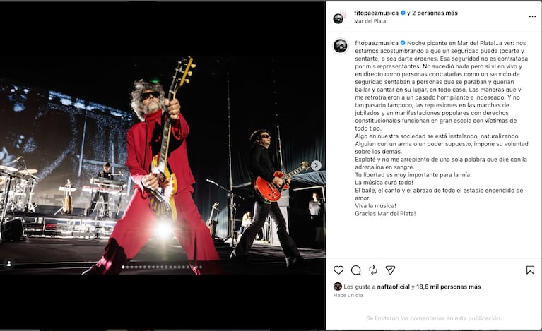 El descargo de Fito Páez en redes sociales (Foto: Instagram @fitopaezmusica)