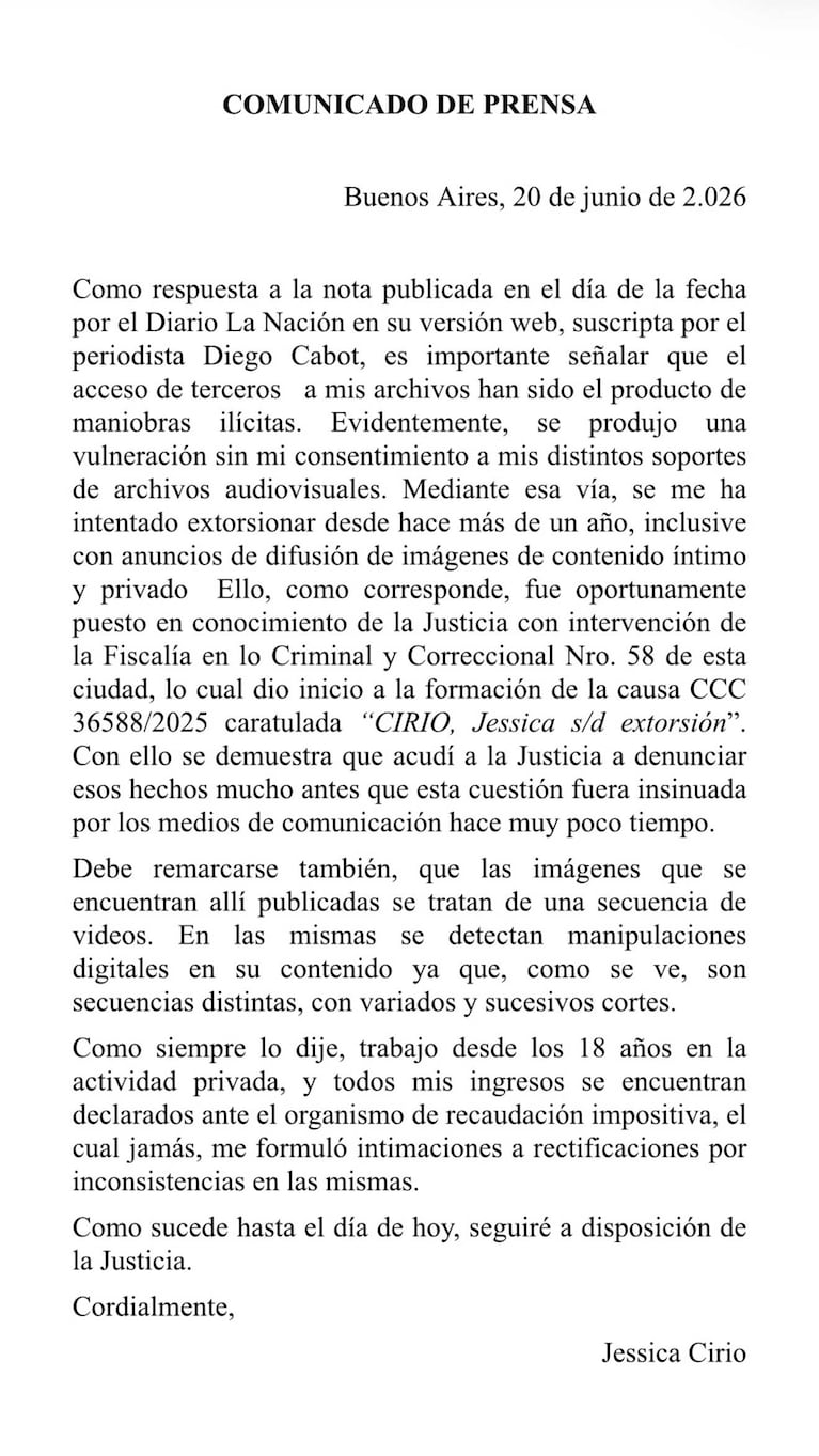El descargo de Jésica Cirio (Foto: Instagram @jesicacirio)