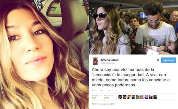 El descargo de Jimena Barón en Twitter, tras el violento robo. (Fotos: archivo Web y @baronjimena)