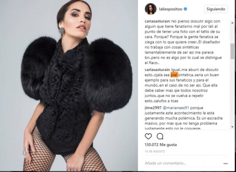 El descargo de Lali Espósito tras ser acusada de usar pieles: "Jamás uso reales; respeto a los animales" 