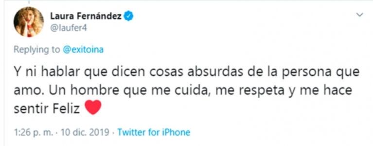 El descargo de Laurita Fernández en defensa de Cabré por su polémica frase del 'reto': "Es un hombre que me cuida"
