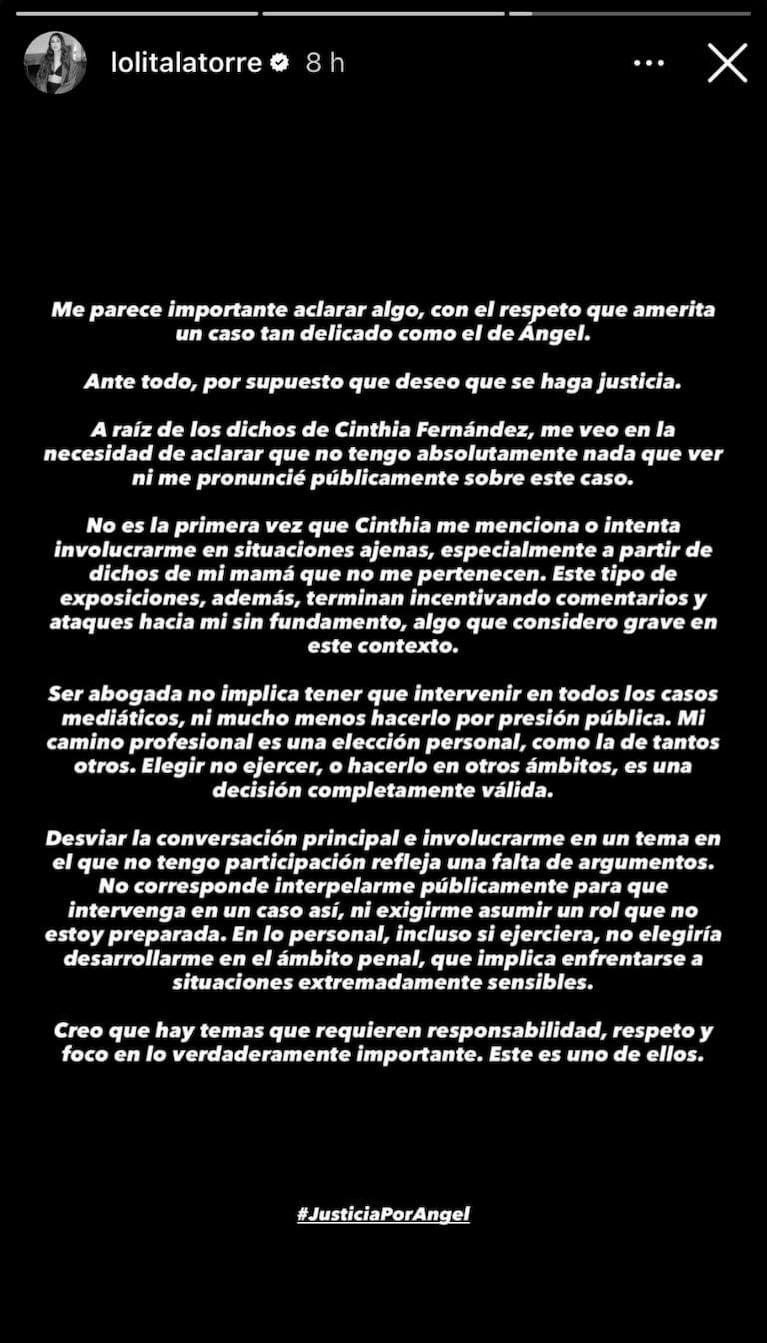 El descargo de Lola Latorre sobre Cinthia Fernández (Foto: Instagram @lolitalatorre)