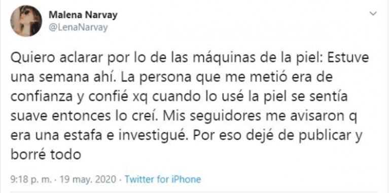 El descargo de Malena Narvay sobre las "máquinas para la piel" y las acusaciones de estafa: "Apenas supe, salí"