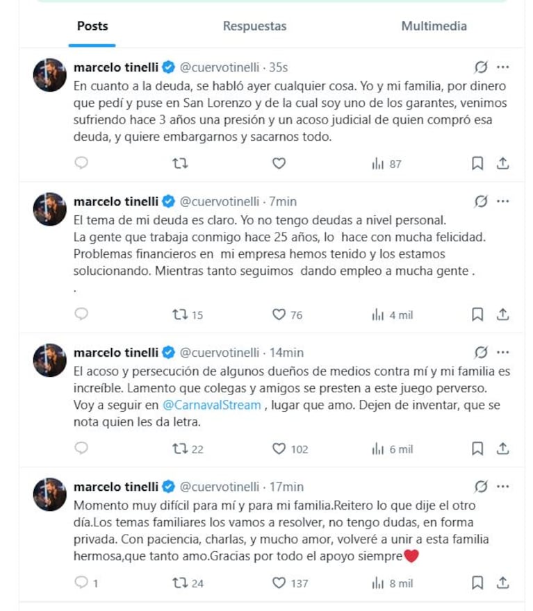 El descargo de Marcelo Tinelli en X.