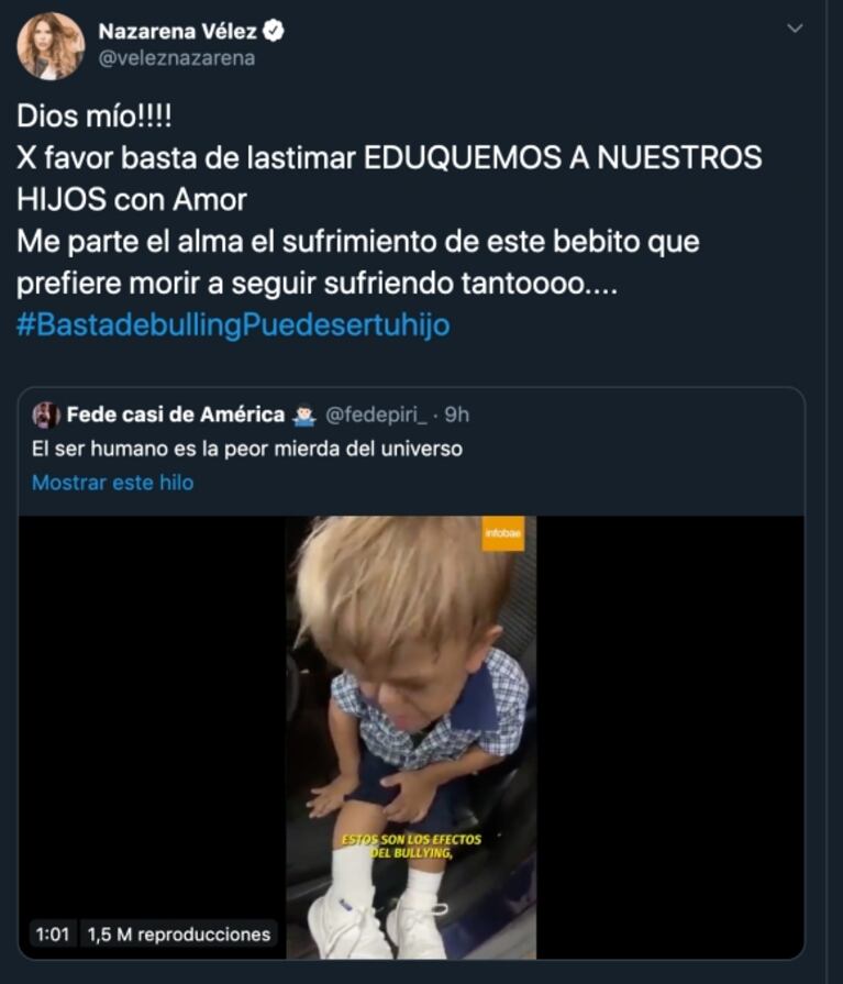 El descargo de Nazarena Vélez ante un doloroso caso de bullying que se hizo viral: "¡Basta de lastimar!"