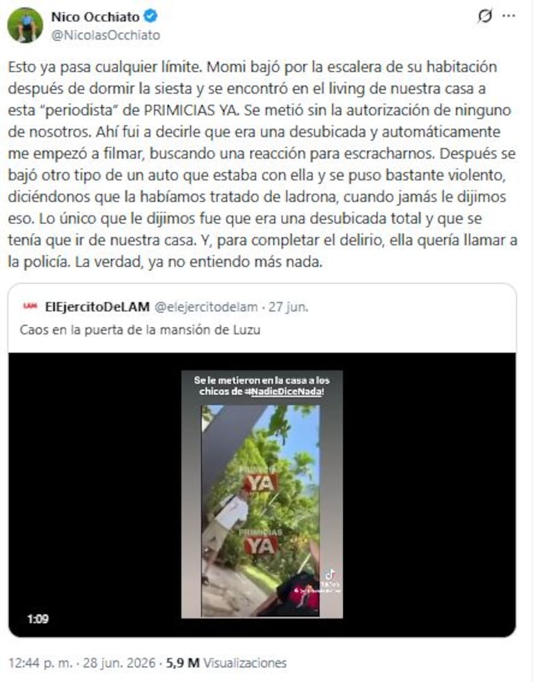 El descargo de Nico Occhiato tras la difusión del video de su discusión con una periodista (Foto: X / @nicolasocchiato)