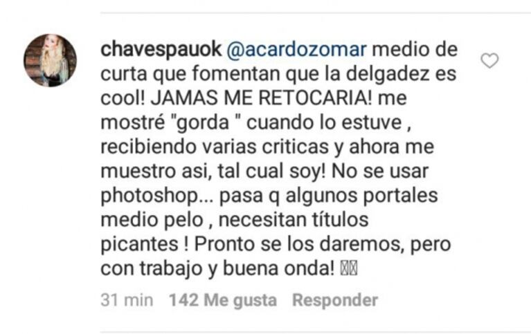 El descargo de Paula Chaves luego de que la acusaran de retocar sus fotos: "¡De cuarta que fomenten que la delgadez es cool! Jamás me retocaría"